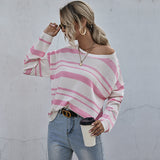 Women Knitted Sweater Autumn Long Sleeve Striped round Neck Knitted Sweater