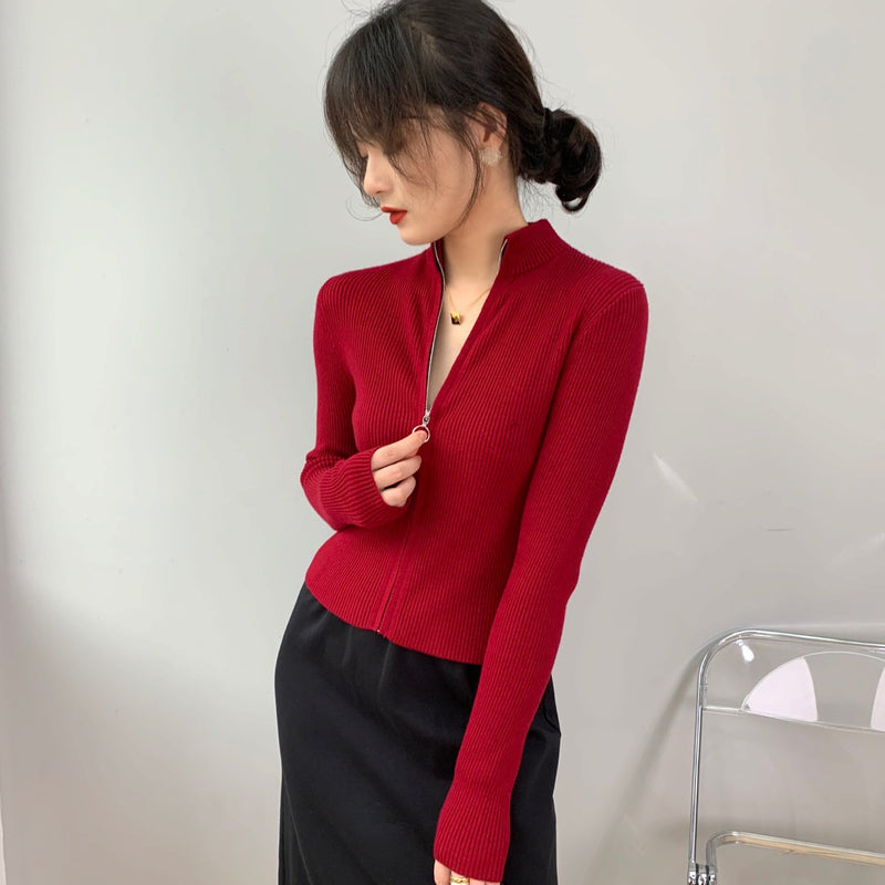 Women Cardigan Sweater Zipper Knitted Long Sleeve Hoodie Short Slim Knit Sweater 8t8073