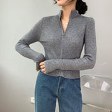 Women Cardigan Sweater Zipper Knitted Long Sleeve Hoodie Short Slim Knit Sweater 8t8073