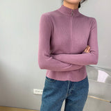 Women Cardigan Sweater Zipper Knitted Long Sleeve Hoodie Short Slim Knit Sweater 8t8073