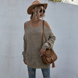 Women Knitted Sweater Autumn Knitted Square Collar off-Shoulder Long Sleeve Autumn