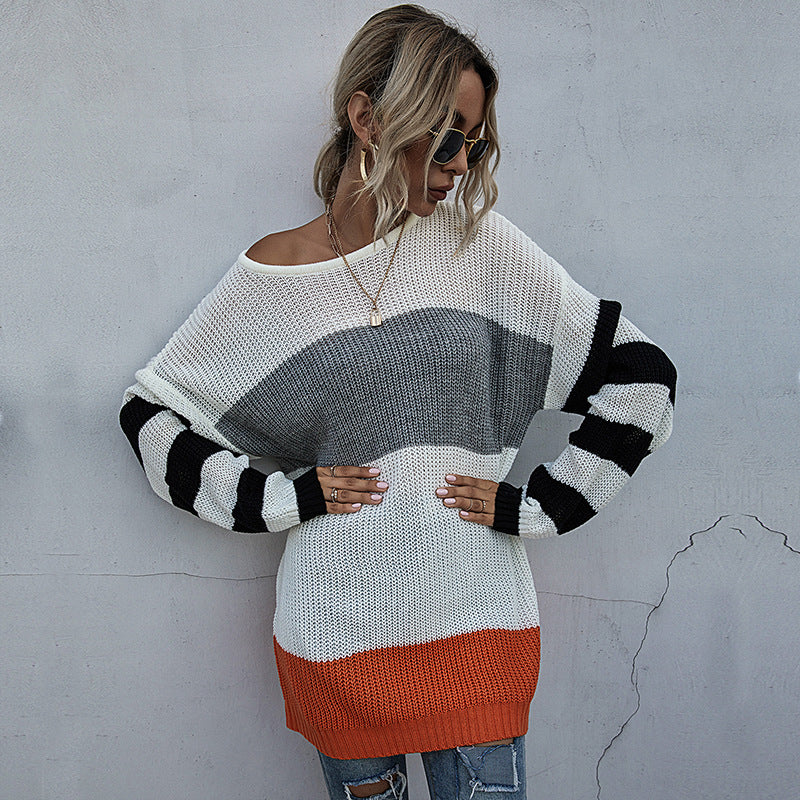 Women Knitted Sweater Autumn Leisure Long Sleeve Color Matching Women's Mid-Length Sweater