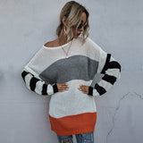 Women Knitted Sweater Autumn Leisure Long Sleeve Color Matching Women's Mid-Length Sweater