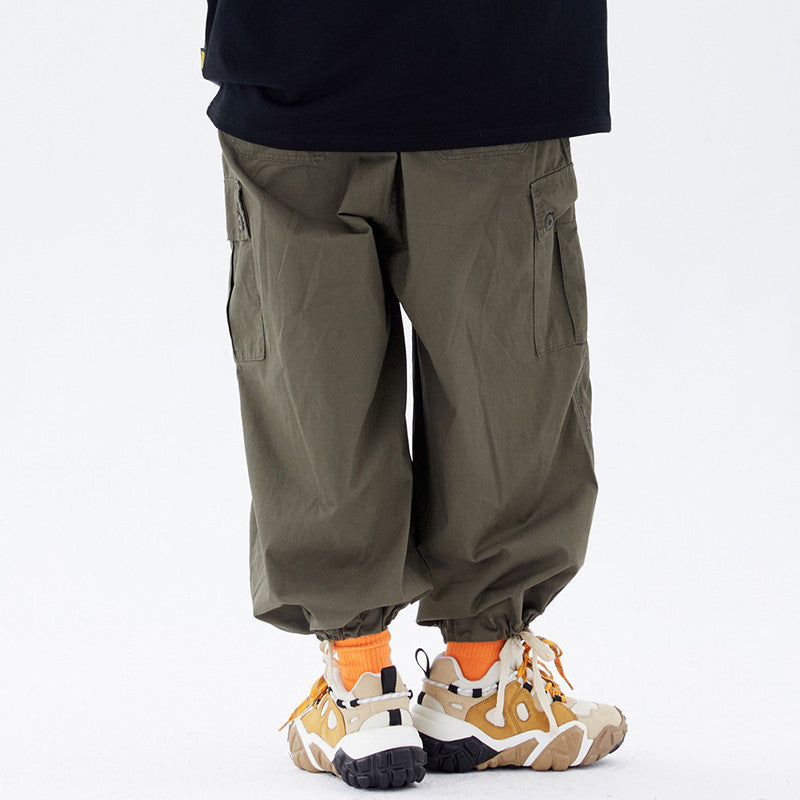 Men Sweatpants Solid Color Harem Pants Male Loose-Fit Tappered Trousers Multi-Pocket Cargo Pants