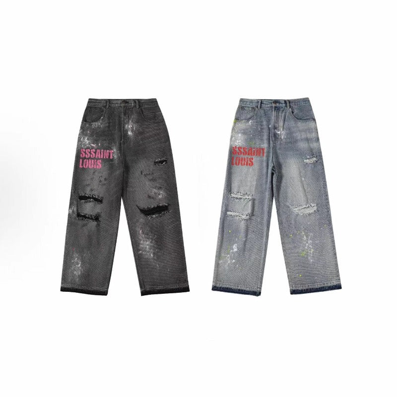 Saint m t pants s.m distressed ripped letter logo straightleg jeans