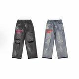 Saint m t pants s.m distressed ripped letter logo straightleg jeans