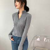 Women Cardigan Sweater Zipper Knitted Long Sleeve Hoodie Short Slim Knit Sweater 8t8073