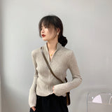 Women Cardigan Sweater Zipper Knitted Long Sleeve Hoodie Short Slim Knit Sweater 8t8073