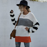 Women Knitted Sweater Autumn Leisure Long Sleeve Color Matching Women's Mid-Length Sweater