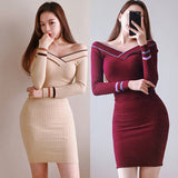 Women Maxi Dress Spring, Autumn and Winter V-neck Striped Knitted Slim Fit Sweater Dress