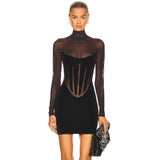 Women Dresses Bandage Dress Mesh Long Sleeve Turtleneck Tight Dress (Ont0408)