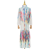 Women Dresses Spring Tie-Dyed Long Sleeve Lapel Loose Dress (Qymy0409)