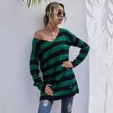Women Knitted Sweater V-neck Hole Striped Knitted Bottoming Sweater Female Autumn