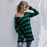 Women Knitted Sweater V-neck Hole Striped Knitted Bottoming Sweater Female Autumn