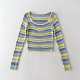 Women Sweater Knitwear Autumn Sexy Square Collar Striped Knitted T-shirt Long Sleeve Sweater