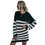 Women Knitted Sweater Autumn Long Sleeve Striped round Neck Knitted Dress Sweater Women's Long