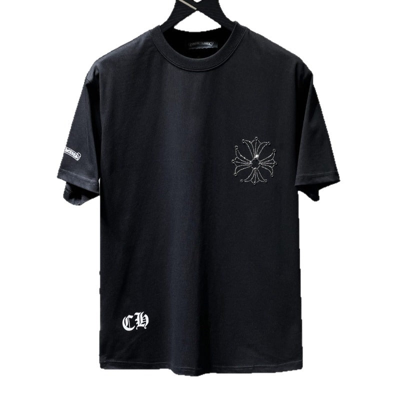 Ch hip-hop t shirts ch classic hot diamond large horseshoe cross flower sanskrit short sleeve loosecasualpure cotton american heavy weight