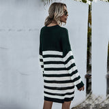 Women Knitted Sweater Autumn Long Sleeve Striped round Neck Knitted Dress Sweater Women's Long