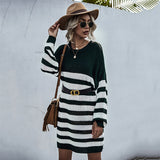 Women Knitted Sweater Autumn Long Sleeve Striped round Neck Knitted Dress Sweater Women's Long
