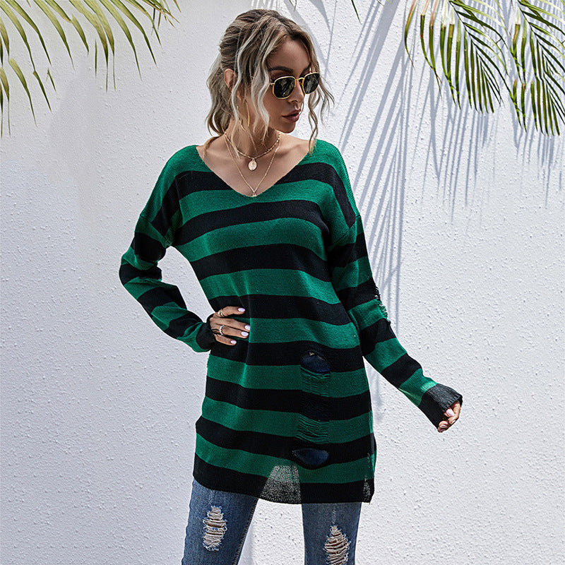 Women Knitted Sweater V-neck Hole Striped Knitted Bottoming Sweater Female Autumn