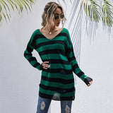Women Knitted Sweater V-neck Hole Striped Knitted Bottoming Sweater Female Autumn