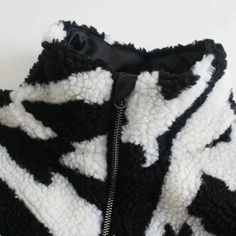 Women Jacket Spring and Autumn Stand Collar Zebra Stripes Loose Faux Lamb Fur Coat