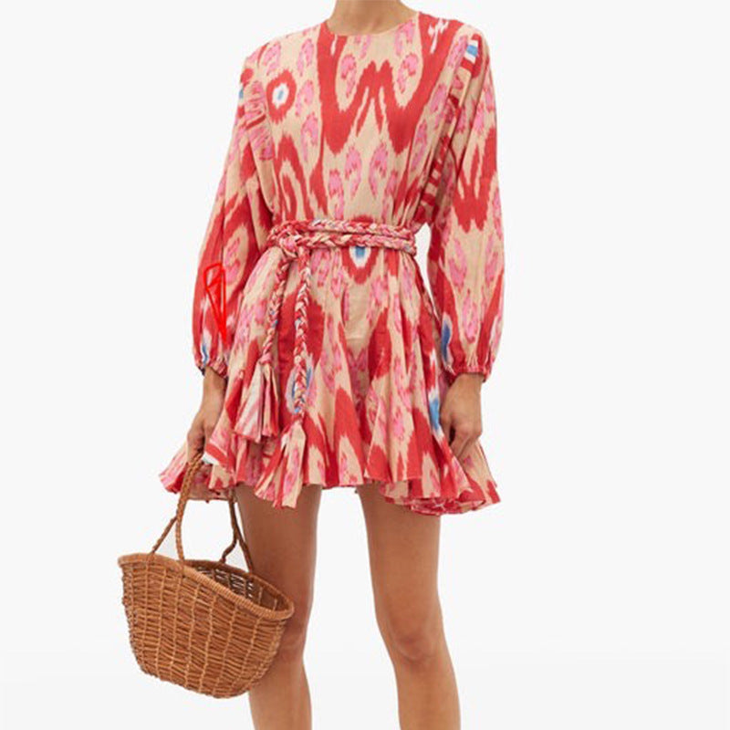 Women Dresses Spring Retro Crew Neck Short Dress (Qymy0409)