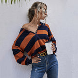 Women Knitted Sweater Autumn Loose Top Women Striped Long Sleeve Lapel Knitwear