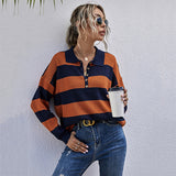 Women Knitted Sweater Autumn Loose Top Women Striped Long Sleeve Lapel Knitwear