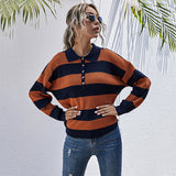 Women Knitted Sweater Autumn Loose Top Women Striped Long Sleeve Lapel Knitwear