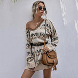 Women Knitted Sweater Fall V-neck Long Sleeve Letter off-Shoulder Knitted Sweater Dress