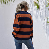 Women Knitted Sweater Autumn Loose Top Women Striped Long Sleeve Lapel Knitwear