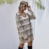 Women Knitted Sweater Fall V-neck Long Sleeve Letter off-Shoulder Knitted Sweater Dress