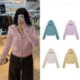 Ashley all-over printed bear hot girl exposed waist cardigan sweatshirt women's american sweet elastic fall and winter zipper hooded outwear