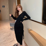 Women Maxi Dress Autumn Winter Sexy Long Sleeve V-neck Knitted Sheath Dress
