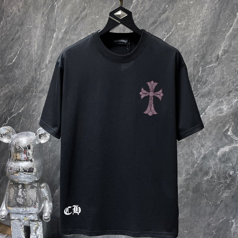 Ch hip-hop t shirts summerch crow heavy industry hot diamond horseshoe sanskrit letter cross short sleeve loosecasualpure cotton american style