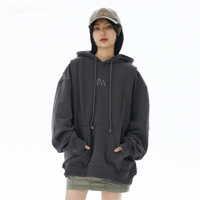 Men Hoodie Alphabet Embroidery Washed Hooded Sweater