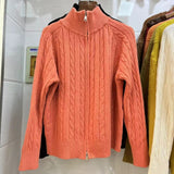 Women Knitted Cardigan Vintage Double Zipper Knitted Cardigan Casual Sweater