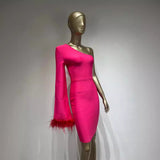 Women Dresses Bandage Dress One Shoulder Feather Flare Sleeve Slim Fit Party Dress Skirt (Ont0408)