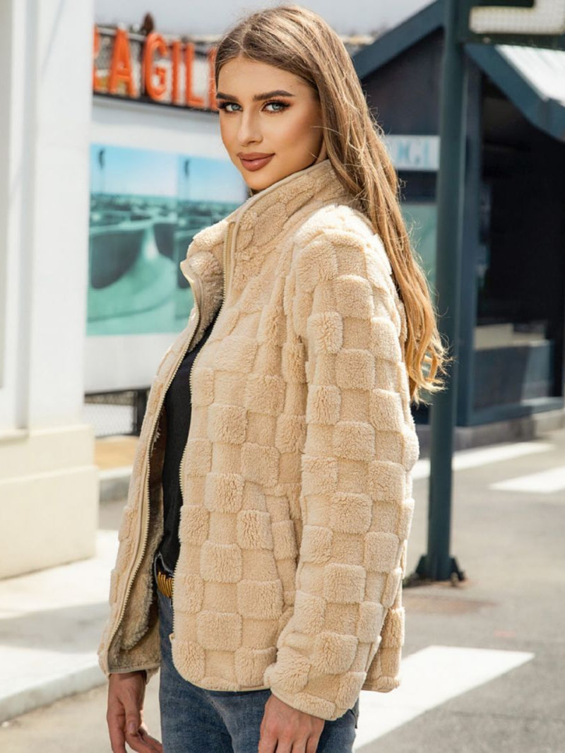 Women Trench Coat Autumn and Winter Long Sleeve Cardigan Zipper Loose Solid Color Plaid Plush Coat
