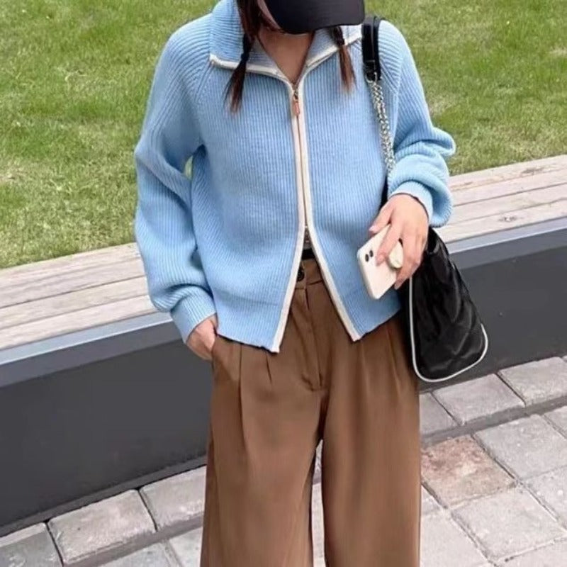 Women Knitted Cardigan Fall and Winter Lapels Zipper Knitted Cardigan Long Sleeve Sweater