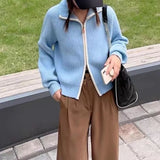 Women Knitted Cardigan Fall and Winter Lapels Zipper Knitted Cardigan Long Sleeve Sweater