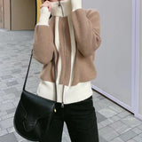 Women Knitwear Autumn and Winter Loose Stand Collar Double Zipper Knitted Cardigan