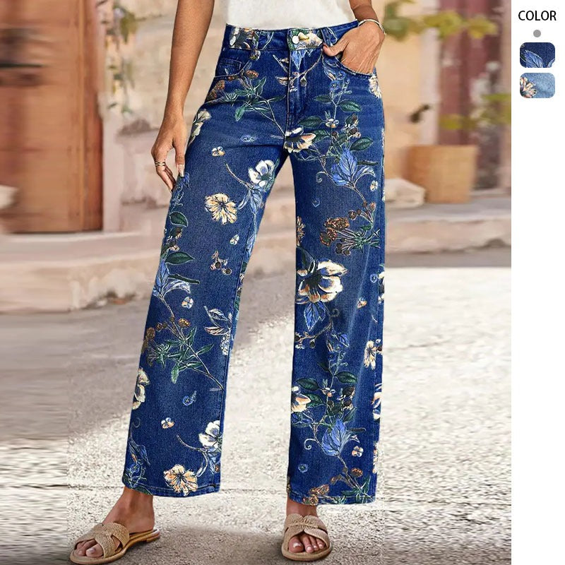 Women's vintage denim pants - cross-border, random print, loose wide-leg, spring/summer floral pattern, straight-leg, high-waisted jeans