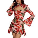 Harlem Night Attire Dress Hollow Sexy Floral Skirt Printed Cheongsam Dress