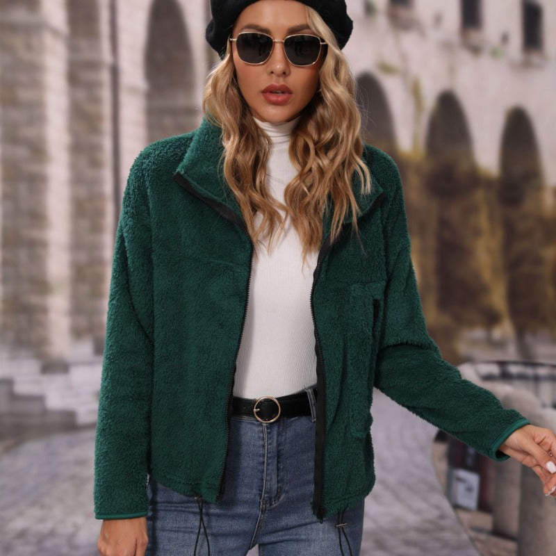 Women Trench Coat round Neck Long Sleeve Loose Rope Zipper Double-Sided Velvet Casual Jacket