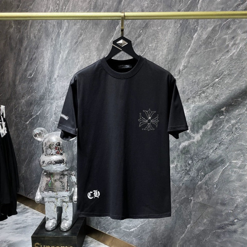 Ch hip-hop t shirts ch classic hot diamond large horseshoe cross flower sanskrit short sleeve loosecasualpure cotton american heavy weight
