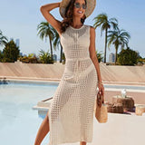 Women Knit Beach Cover Loose Hollow Vest Knitted Beach Long Skirt Coat
