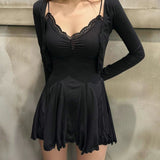 Women Dresses Lace V-neck Slip Dress Long Sleeve Jacket