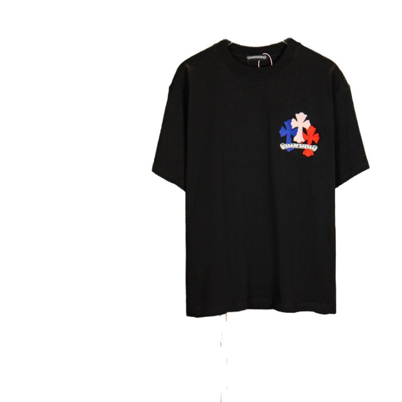 Ch hip-hop t-shirts: ch color dopamine cross towel embroidery short sleeve distressed crew neck tee - high street style